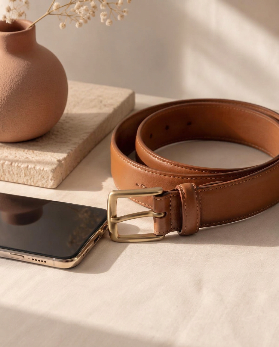 Corium Signature leather belt with a phone touching the buckle